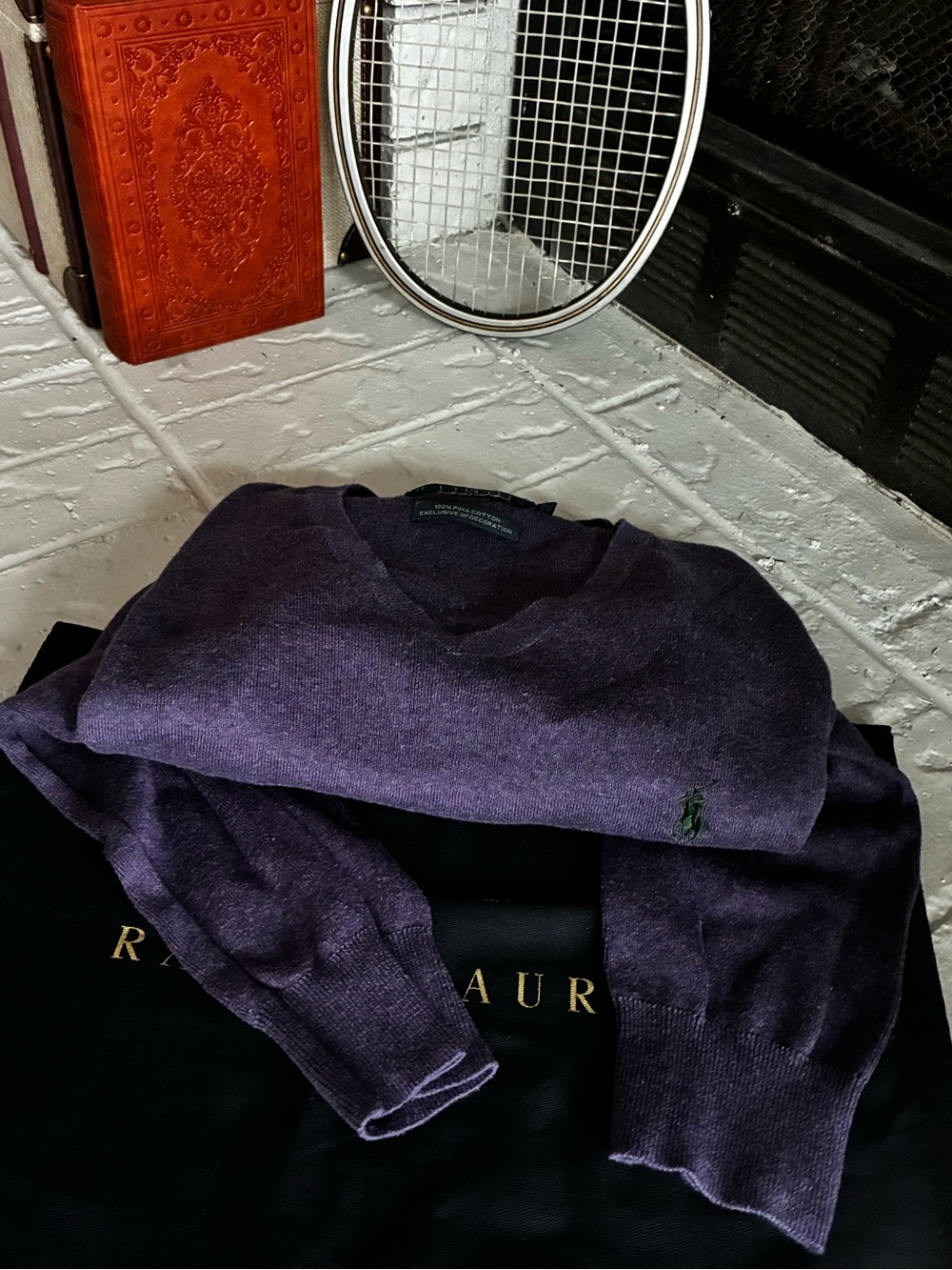 Ralph Lauren Men's V-Neck Sweater in Deep Purple with Green Logo